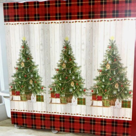Christmas Tree Fabric Shower Curtain Bathroom Decoration Festive Rustic Decor - Picture 1 of 2